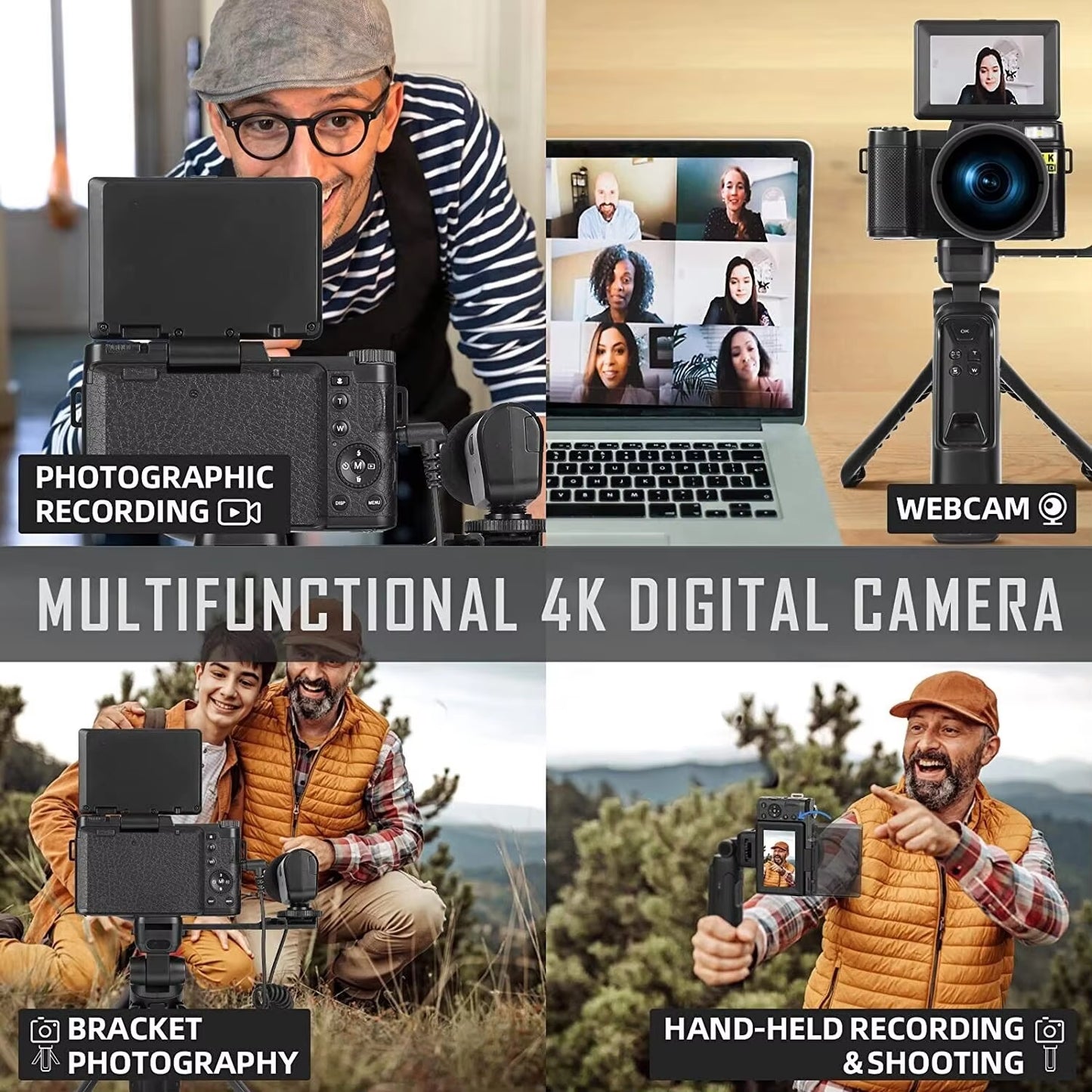 4K Digital Cameras for Photography48Mp Video Camera for Youtube Vlogger Kit-Microphone & Remote Control Tripod Grip