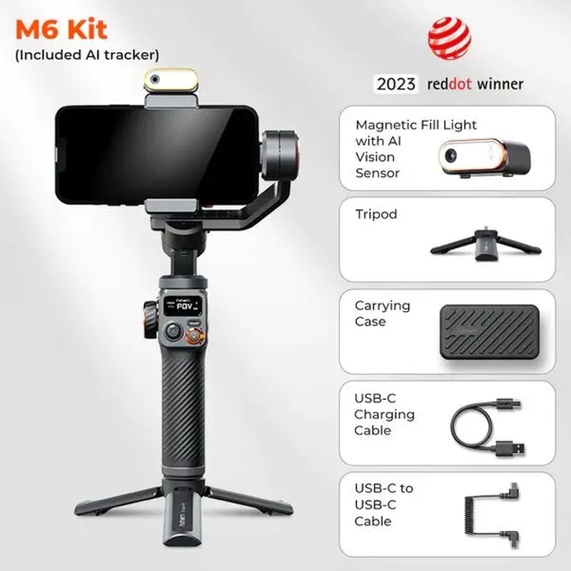 -Isteady M6 Kit Gimbal for Smartphone, 3-Axis Gimbal, AI Tracker, Fill Light, for Iphone 16 Pro Max and Android Stabilizer